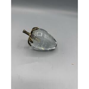 Vintage Art Glass Strawberry Paperweight w/ Brass Leaves Clear Bubble Glass